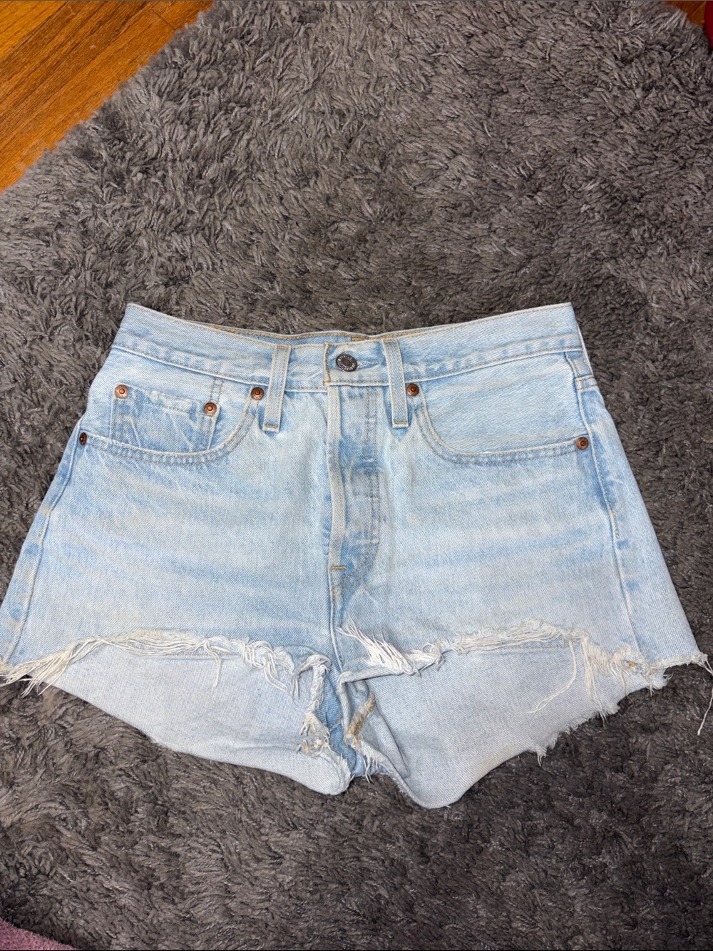 Levi's Light Blue Distressed High-Rise Denim Shorts